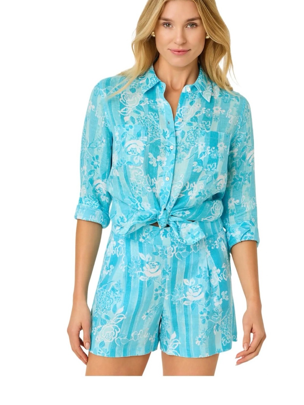 Lilly Pulitzer NWT Turquoise Blue Roseys Petals Linen Button-Up Size Large